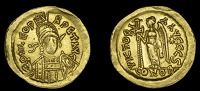 Roman Imperial Coinage, Leo I, Solidus, Constantinople, 462 or 466, pearl-diademed, helmeted and cuirassed bust...