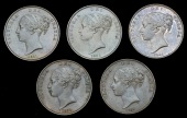 Victoria (1837-1901), Pennies (5), 1841 no colon, 1853 far colon, 1857 close colon, 1859 (2) (S 3948) [5]. About...