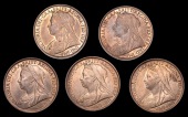 Victoria (1837-1901), Pennies (5), 1895, 1896 normal date, 1897 normal date, 1900, 1901, all dies Vw (F 141, 143,...