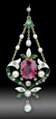 A late Victorian pink tourmaline, pearl and diamond pendant, the pendant centred with a rectangular cushion-shaped...