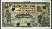 WORLD BANKNOTES, The Standard Bank of South Africa Ltd, Ten Shillings, 1917-20, Durban, stamped specimen, four...