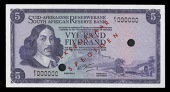WORLD BANKNOTES, Reserve Bank, Five Rands, 1966-7, F/1 000000, stamped eksemplaar specimen, two punch-holes,...