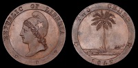 World Coins, WORLD COINS, World Coins, LIBERIA, Republic, 2 Cents, 1847 (KM. 2). Good extremely fine,...