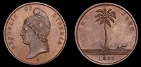 World Coins, WORLD COINS, World Coins, LIBERIA, Republic, Pattern Cent, 1866, unsigned, capped head of Liberty left,...