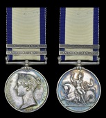 A rare N.G.S. medal awarded to John Elander, a Landsman aboard H.M.S. Amazon at the destruction of the French 74-gun...