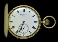 An 18ct gold hunter pocket watch, by J W Benson, with an 18ct gold Albert chain, the watch with signed white enamel...
