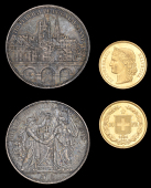 World Coins, SWITZERLAND, Confederation, 20 Francs, 1894b; 5 Francs, 1876, Lausanne (KM. 31.3, S13; F 495) [2]....