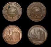 18th Century Tokens, SURREY, Lambeth, Skidmore’s Globe series, Pennies (2), Lambeth Palace, revs. globe, edges i...