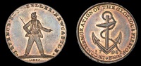 18th Century Tokens, NORTHUMBERLAND, Newcastle-upon-Tyne, Spence’s mule Halfpenny, sailor, rev. anchor and cable,...