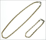 A chain necklace and bracelet ensuite, both comprising knot-link snake chains, in yellow precious metal, to white...