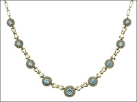 A blue zircon and seed pearl cluster necklace, the nine graduated flowerhead clusters of round-cut blue zircons...