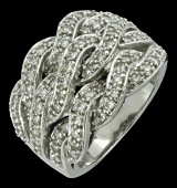 A diamond set twist panel ring, the three twist motifs set with small brilliant-cut diamonds, mounted in white...