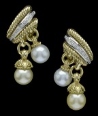 A diamond and two colour cultured pearl earclips, of broad half hoop form, set with a line of small brilliant-cut...
