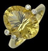 A citrine and diamond dress ring, the oval fancy-cut citrine tension set between pairs of collet set brilliant-cut...