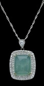 A diamond and chrysoprase pendant, the rectangular cabochon chrysoprase claw set within a cluster panel surround of...