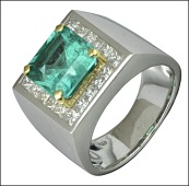 An emerald and diamond set ring, the step-cut emerald weighing 4.03 carats, in four claw setting, bordered by square...