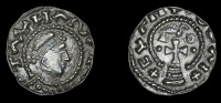 Early Anglo-Saxon Period, Sceatta, Primary series BX, diademed head right, pseudo-legend around, rev. cross on...