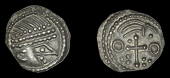 Early Anglo-Saxon Period, Sceatta, series J, diademed head right with pointed nose, rev. cross flanked by two...