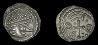 Early Anglo-Saxon Period, Sceatta, series J, diademed head right with pointed nose, rev. cross flanked by two...