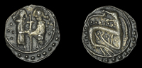 Early Anglo-Saxon Period, Sceatta, Secondary series N, type 41b, two standing figures holding long cross, rev....