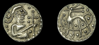 Early Anglo-Saxon Period, Sceatta, series Q, type IH, half-length figure right holding cross, rev. quadruped left...