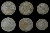 Charles II (1660-1685), Halfpence (2), 1673, 1675; Pattern Farthing, 1665, by J. Roettier, in copper, edge grained,...