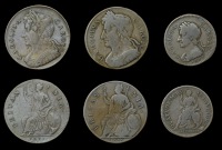 Charles II (1660-1685), Halfpence (2), 1673, 1675; Pattern Farthing, 1665, by J. Roettier, in copper, edge grained,...