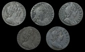 William and Mary (1688-1694), Halfpence (2), tin, date indistinct, 1694 (S 3448ff, 3452); William III, Halfpence...
