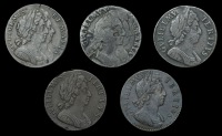 William and Mary (1688-1694), Halfpence (2), tin, date indistinct, 1694 (S 3448ff, 3452); William III, Halfpence...