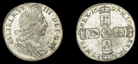 William III (1694-1702), Sixpence, 1697, third bust, later harp, large crowns (ESC 1233 [1566]; S 3538). About as...