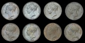 Victoria (1837-1901), Pennies (8), 1846 far colon, 1848/7, 1848, 1854 close colon, 1855 far colon, 1857 close colon,...