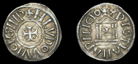 France: Carolingians, Louis the Pious, Denier, Pavia?, h lvdovvicvs imp, cross with pellets in angles, rev....
