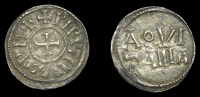 France: Carolingians, Pepin II, Obole, Aquitaine, pippiiivs rex, cross, rev. aqvi tania in two lines, 0.89g/11h (MEC...