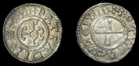 France: Carolingians, Charles the Bald, Denier, class 2, Rouen, rev. rotomacvs civiii, 1.62g/8h (MEC 894). Reverse...