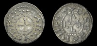 France: Carolingians, Charles the Bald, Obole, Bourges, carlvs rex, cross, rev. btvrices civi, monogram, 0.65g/12h...