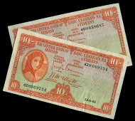 Ten Shillings (2), 13 June 1945, 42H 069724, 20 June 1945, 46H 058687, Brennan-McElligott signatures (LTN 26a; Pick...