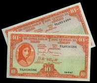 Ten Shillings (2), 16 September 1947, 73J 036586, 20 September 1947, 78J 014408, Brennan-McElligott signatures (LTN...