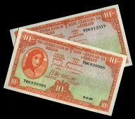 Ten Shillings (2), 8 April 1949, 78K 020998, 15 June 1949, 95K 012518, Brennan-McElligott signatures (LTN 26a; Pick...