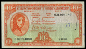 Ten Shillings, 9 December 1938, 03E 094080, Brennan-McElligott signatures (LTN 13; Pick 1B). Number and ink line on...