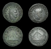 Allectus (293-296), Quinarii (2), London, 294-6, rev. virtvs avg, galley left with rowers, bird on mast, ql in...