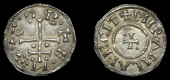 Northumbria (York), Cnut, Penny, cnvt r · e · x · around patriarchal cross, rev. mirabila fecit around cross...