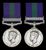 General Service 1918-62, 1 clasp, Malaya, G.VI.R. (2) (22276763 Pte. L. S. Leighton. Surreys.; 22149125 Rfn. G. C....