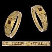 A 15th century gold posy ring, the pyramidal bezel with square vacant setting, the tapered shoulders and shank...