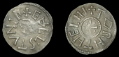 Kings of East Anglia, Æthelstan I (825-45), Penny, Torhthelm, edelstvn i, A in centre, rev. torhthelm, cross with...
