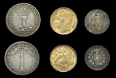 Chile, Republic, Réal, 1834ij, Santiago (KM. 91); Half-Réal, 1845ij, Santiago (KM. 98.2); 5 Pesos, 1895, Santiago...