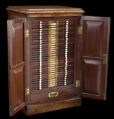 Miscellaneous, An early 19th century burl walnut coin cabinet, 52 x 31.5 x 27cm, comprising 31 double-pierced...