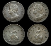 George II (1727-1760), Farthings (2), 1744, 1754 (BMC 886, 892; S 3721-2) [2]. First extremely fine, second very...