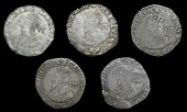 Charles I (1625-1649), Tower mint, Sixpences (5), all Gp D, mm. harp, 2.81g/4h (N 2240; S 2811); mm. portcullis,...