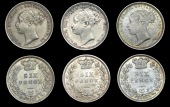 Victoria (1837-1901), Sixpences (3), 1883, 1884, 1887 young head (ESC 3255, 3257, 3262 [1744-5, 1750]; S 3912) [3]....