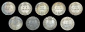 Victoria (1837-1901), Sixpences (9), 1888, 1889, 1891, 1893 old head, 1897, 1898, 1899, 1900, 1901 (ESC 3277, 3279,...